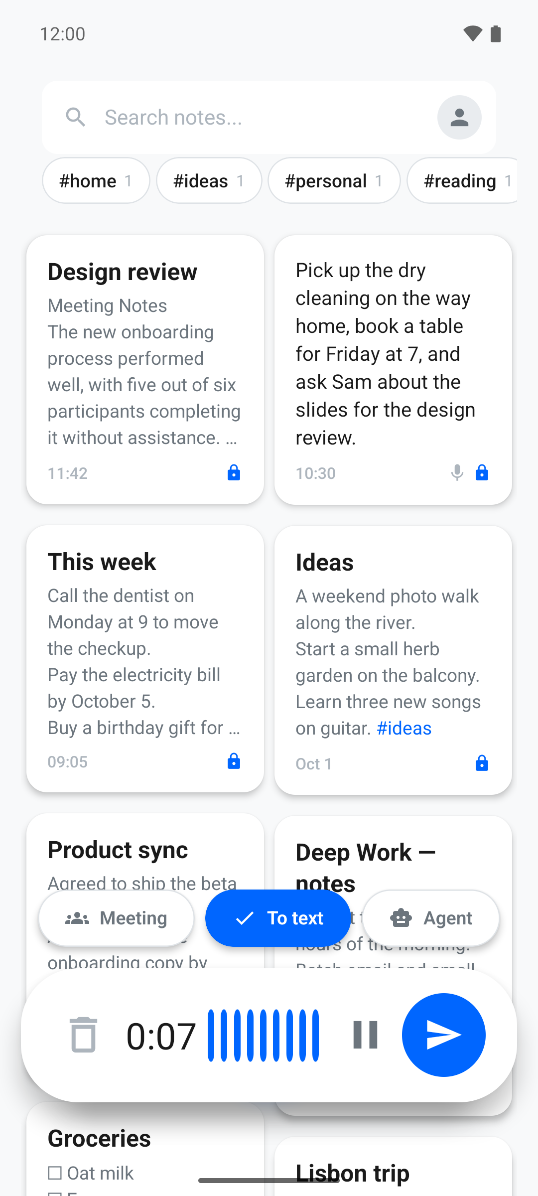 Real Vaulto Android screen with saved notes and a voice recording in progress