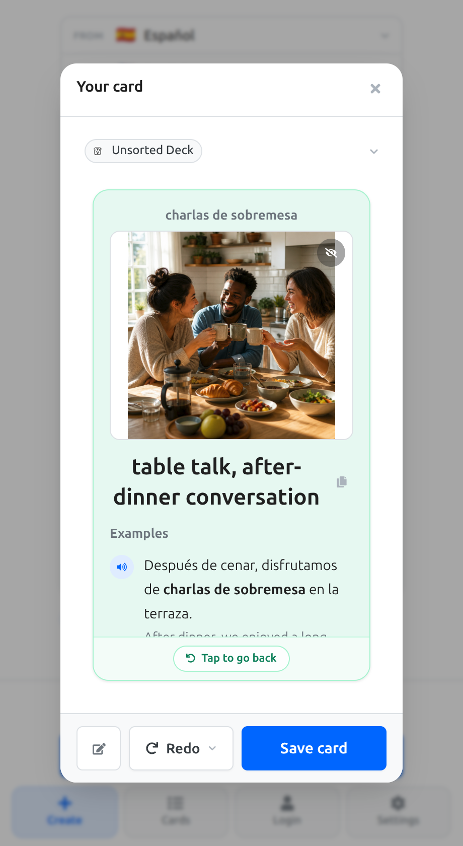 Real Vaulto Chrome card with a Spanish phrase, English translation, example sentences and an AI image