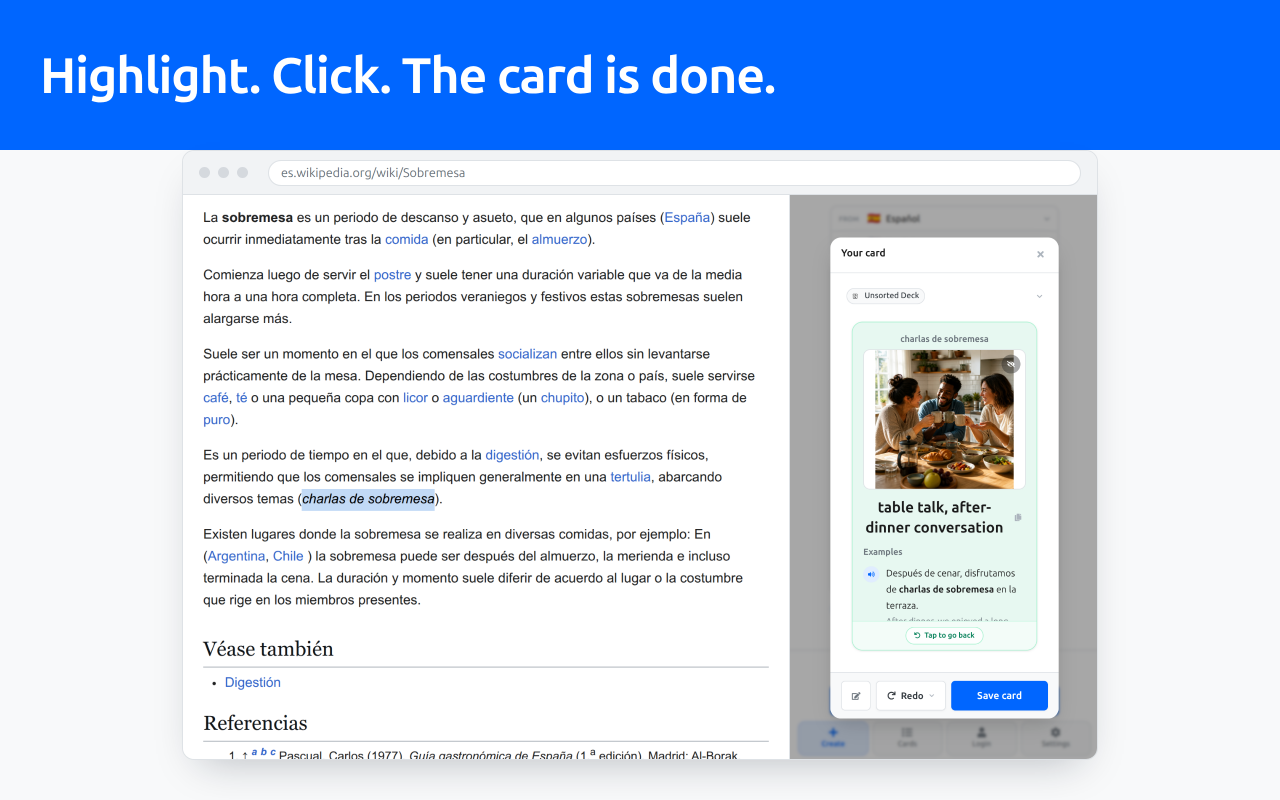 Chrome extension panel beside a Spanish article, showing a generated vocabulary flashcard